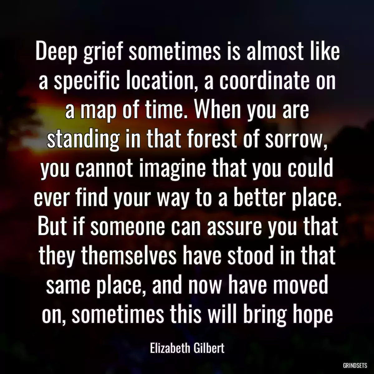 Deep grief sometimes is almost like a specific location, a coordinate on a map of time. When you are standing in that forest of sorrow, you cannot imagine that you could ever find your way to a better place. But if someone can assure you that they themselves have stood in that same place, and now have moved on, sometimes this will bring hope