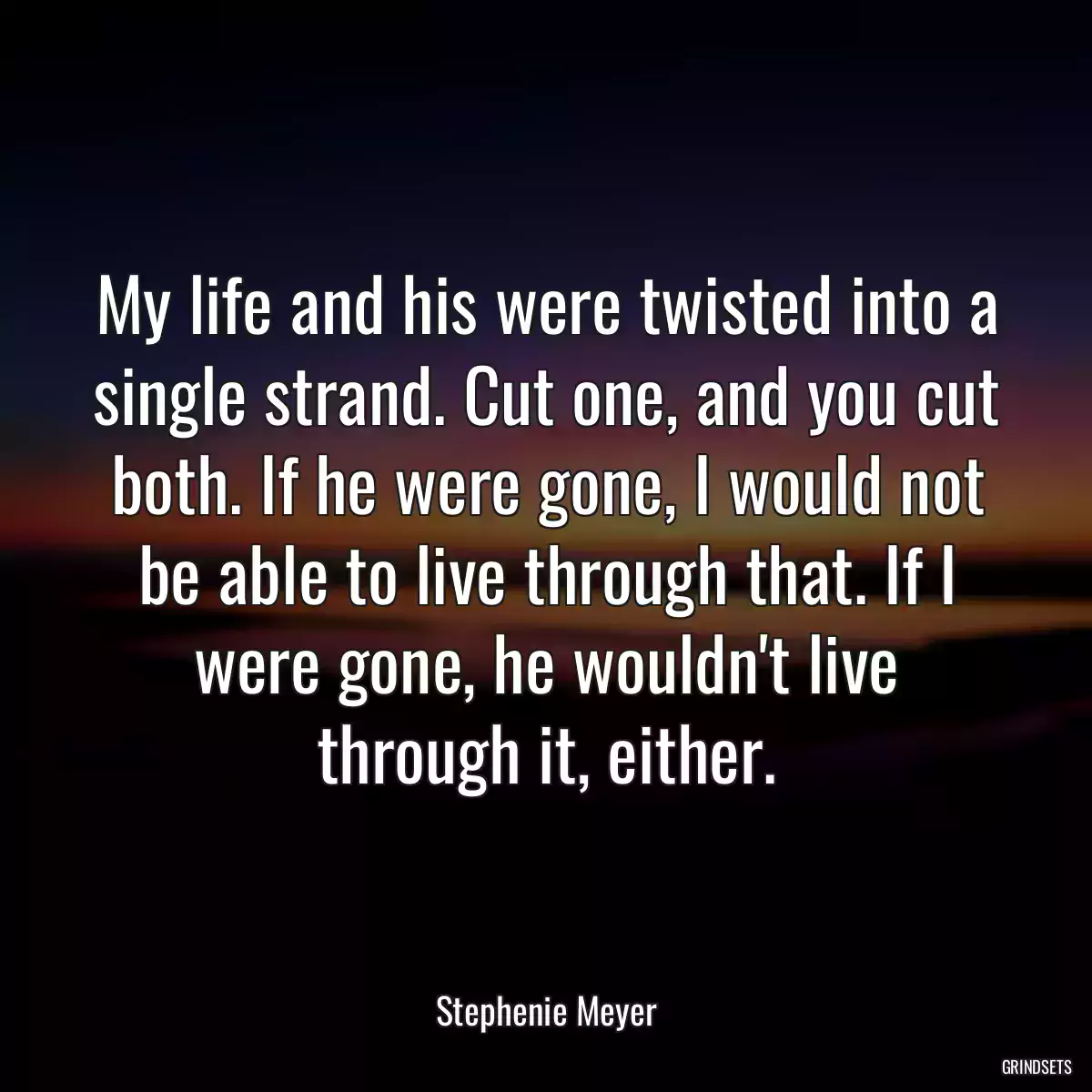 My life and his were twisted into a single strand. Cut one, and you cut both. If he were gone, I would not be able to live through that. If I were gone, he wouldn\'t live through it, either.