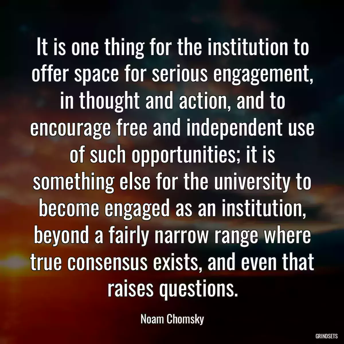 It is one thing for the institution to offer space for serious engagement, in thought and action, and to encourage free and independent use of such opportunities; it is something else for the university to become engaged as an institution, beyond a fairly narrow range where true consensus exists, and even that raises questions.