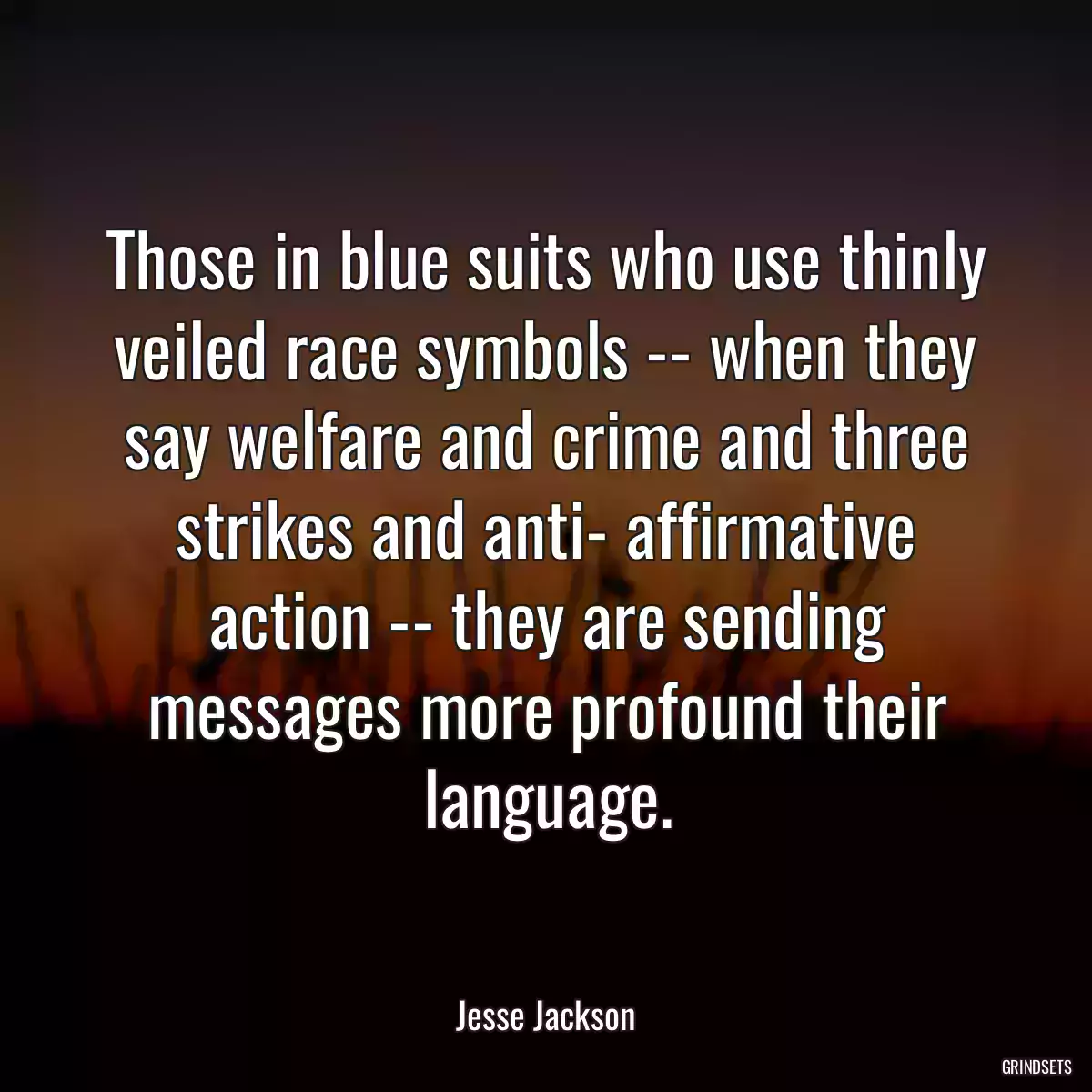 Those in blue suits who use thinly veiled race symbols -- when they say welfare and crime and three strikes and anti- affirmative action -- they are sending messages more profound their language.