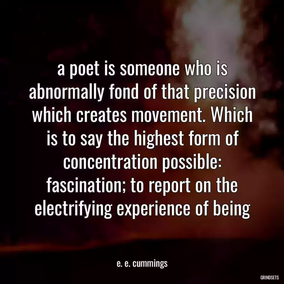 a poet is someone who is abnormally fond of that precision which creates movement. Which is to say the highest form of concentration possible: fascination; to report on the electrifying experience of being