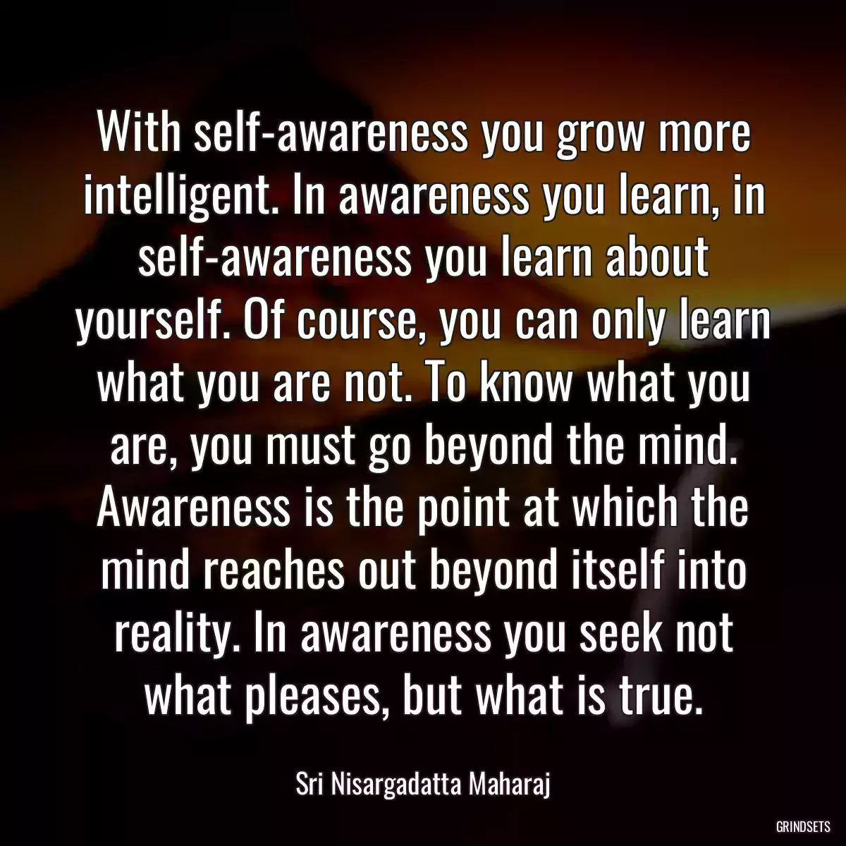 With self-awareness you grow more intelligent. In awareness you learn, in self-awareness you learn about yourself. Of course, you can only learn what you are not. To know what you are, you must go beyond the mind. Awareness is the point at which the mind reaches out beyond itself into reality. In awareness you seek not what pleases, but what is true.