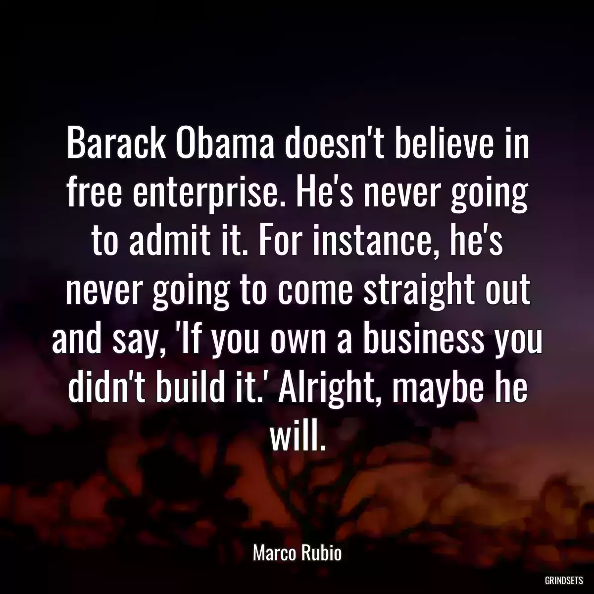 Barack Obama doesn\'t believe in free enterprise. He\'s never going to admit it. For instance, he\'s never going to come straight out and say, \'If you own a business you didn\'t build it.\' Alright, maybe he will.