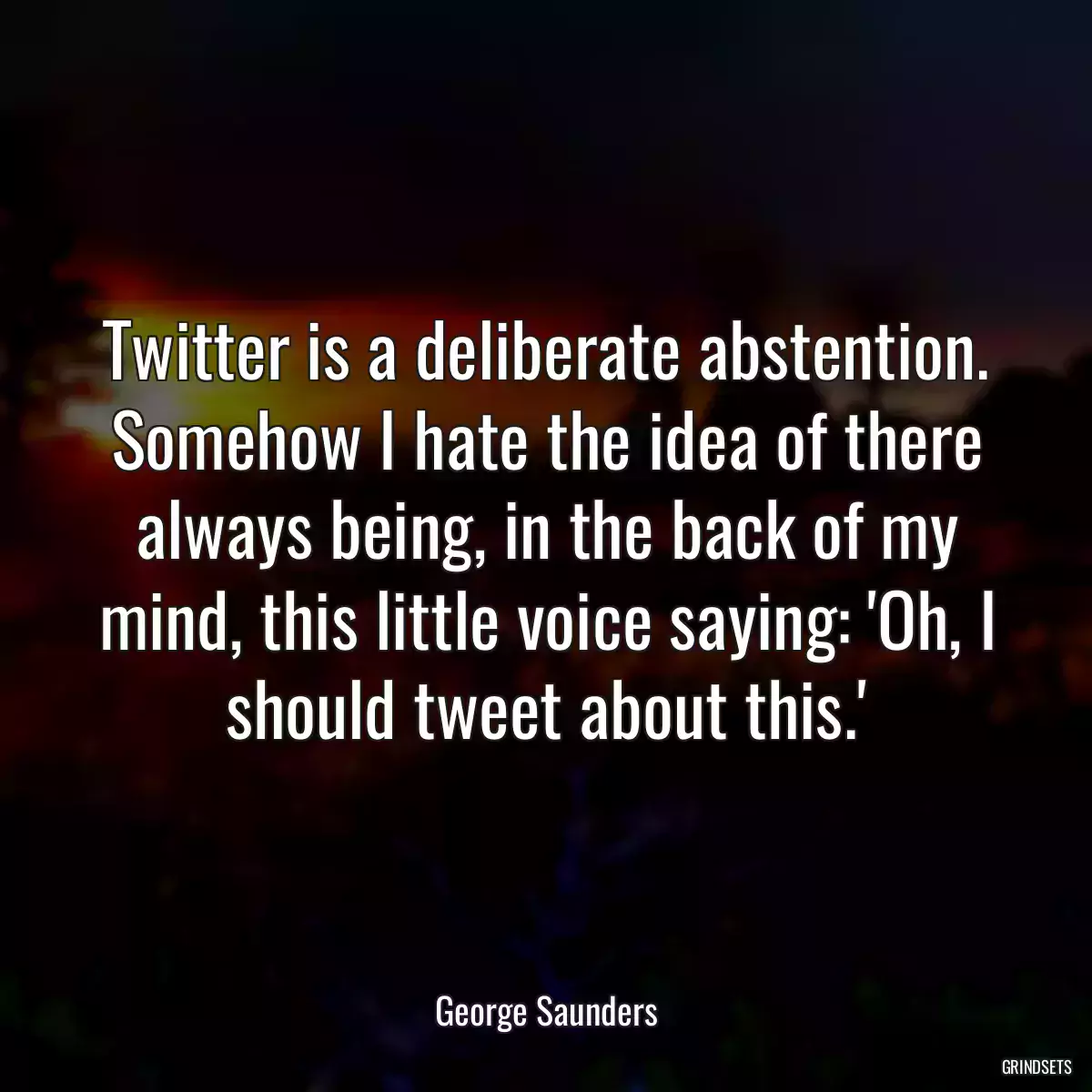 Twitter is a deliberate abstention. Somehow I hate the idea of there always being, in the back of my mind, this little voice saying: \'Oh, I should tweet about this.\'