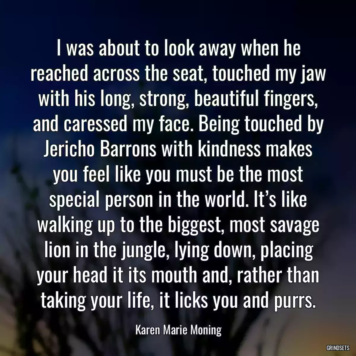 I was about to look away when he reached across the seat, touched my jaw with his long, strong, beautiful fingers, and caressed my face. Being touched by Jericho Barrons with kindness makes you feel like you must be the most special person in the world. It’s like walking up to the biggest, most savage lion in the jungle, lying down, placing your head it its mouth and, rather than taking your life, it licks you and purrs.