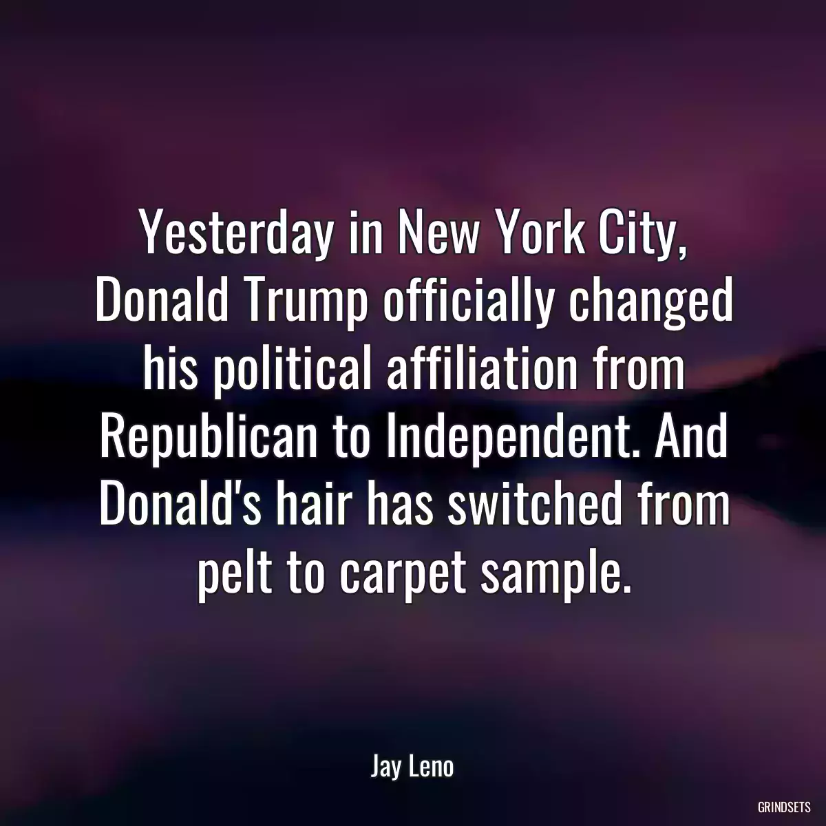 Yesterday in New York City, Donald Trump officially changed his political affiliation from Republican to Independent. And Donald\'s hair has switched from pelt to carpet sample.