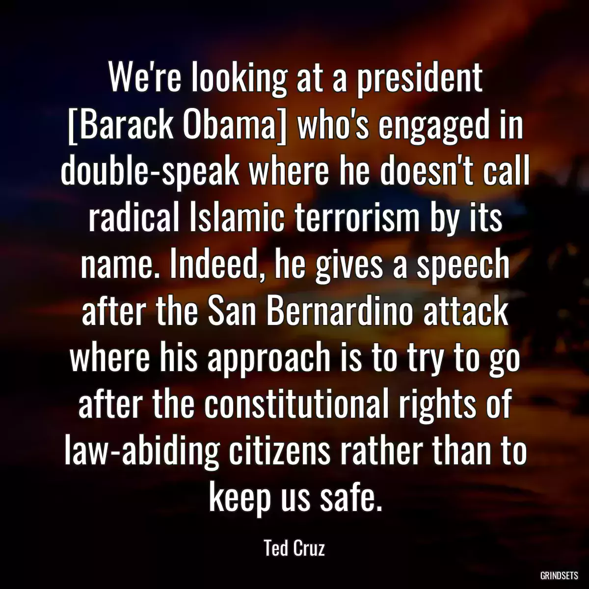 We\'re looking at a president [Barack Obama] who\'s engaged in double-speak where he doesn\'t call radical Islamic terrorism by its name. Indeed, he gives a speech after the San Bernardino attack where his approach is to try to go after the constitutional rights of law-abiding citizens rather than to keep us safe.