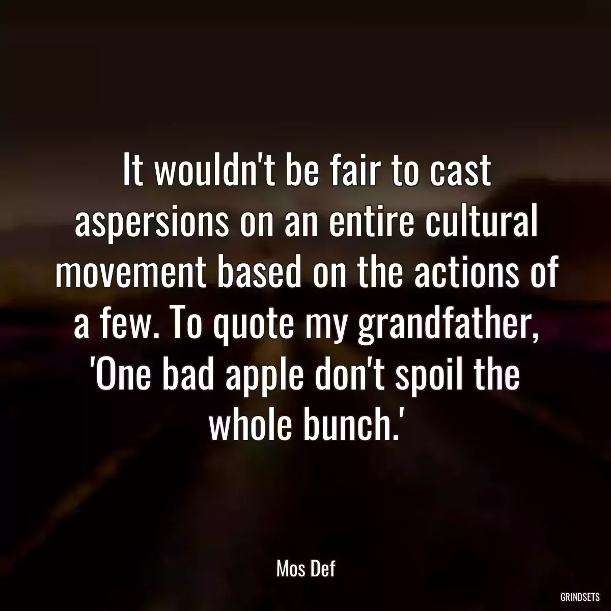 It wouldn\'t be fair to cast aspersions on an entire cultural movement based on the actions of a few. To quote my grandfather, \'One bad apple don\'t spoil the whole bunch.\'