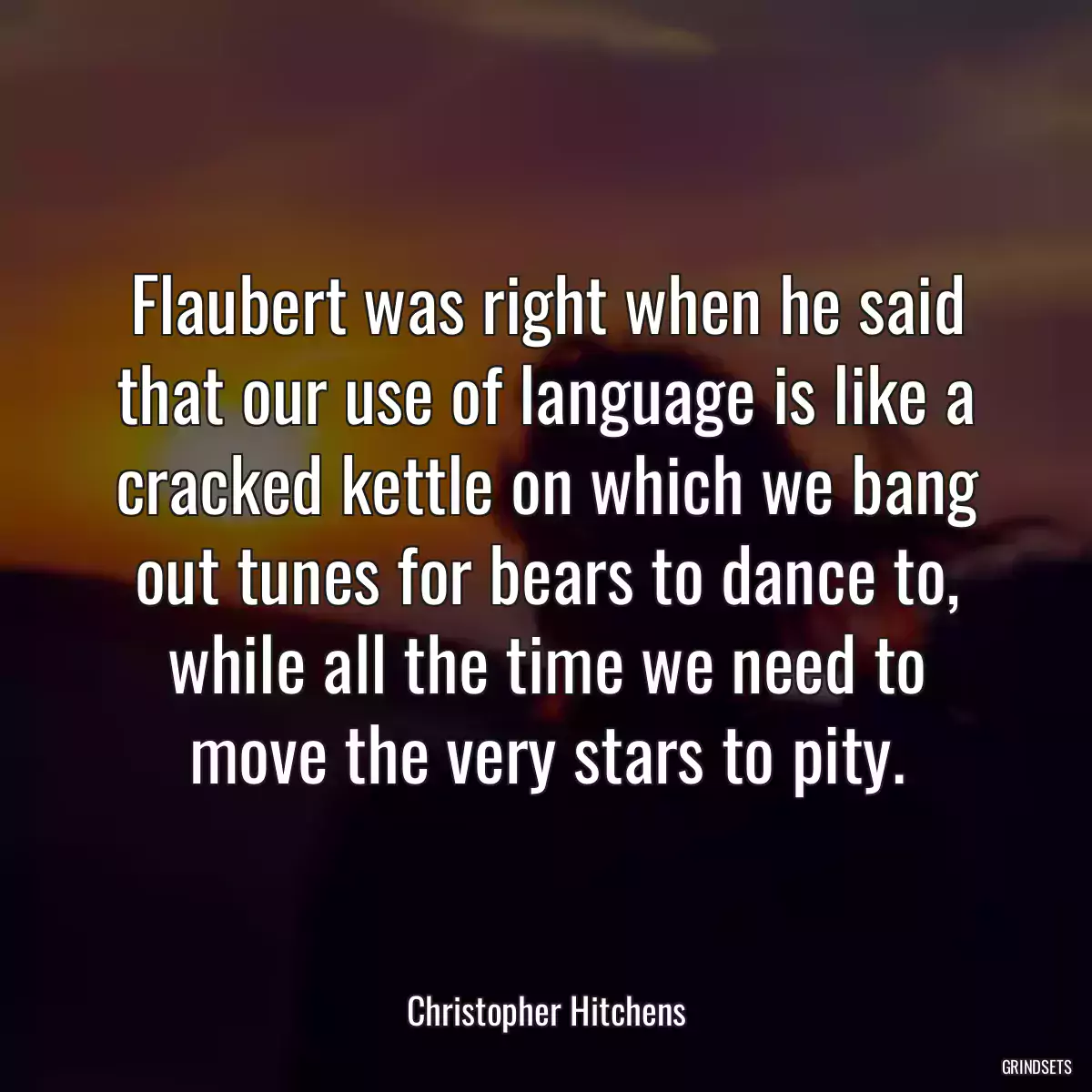 Flaubert was right when he said that our use of language is like a cracked kettle on which we bang out tunes for bears to dance to, while all the time we need to move the very stars to pity.