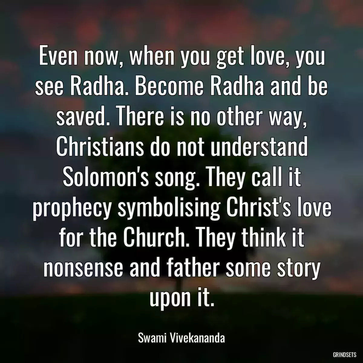 Even now, when you get love, you see Radha. Become Radha and be saved. There is no other way, Christians do not understand Solomon\'s song. They call it prophecy symbolising Christ\'s love for the Church. They think it nonsense and father some story upon it.