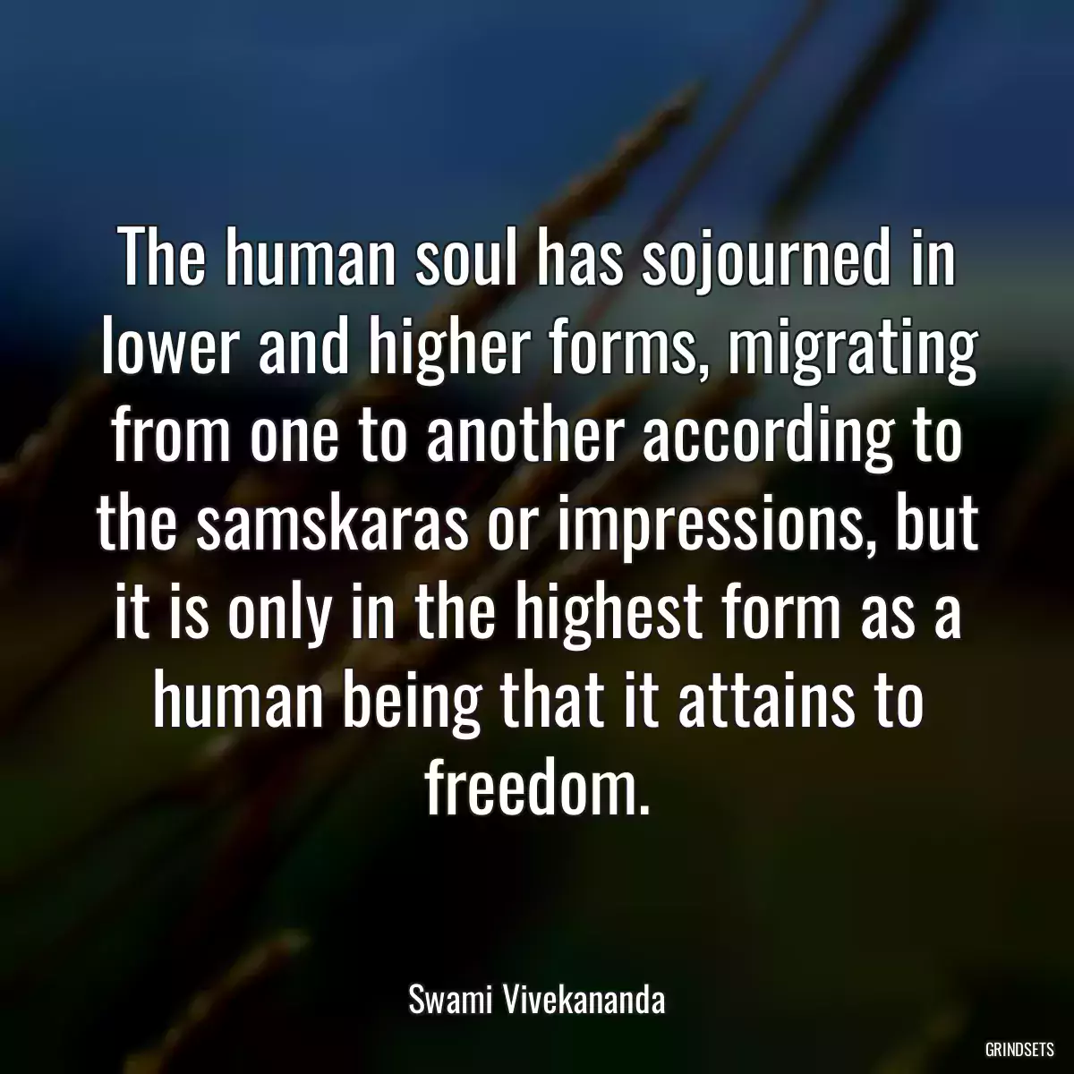 The human soul has sojourned in lower and higher forms, migrating from one to another according to the samskaras or impressions, but it is only in the highest form as a human being that it attains to freedom.