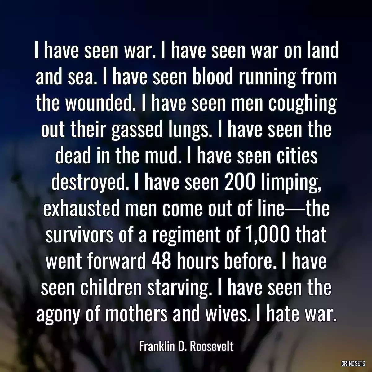I have seen war. I have seen war on land and sea. I have seen blood running from the wounded. I have seen men coughing out their gassed lungs. I have seen the dead in the mud. I have seen cities destroyed. I have seen 200 limping, exhausted men come out of line—the survivors of a regiment of 1,000 that went forward 48 hours before. I have seen children starving. I have seen the agony of mothers and wives. I hate war.