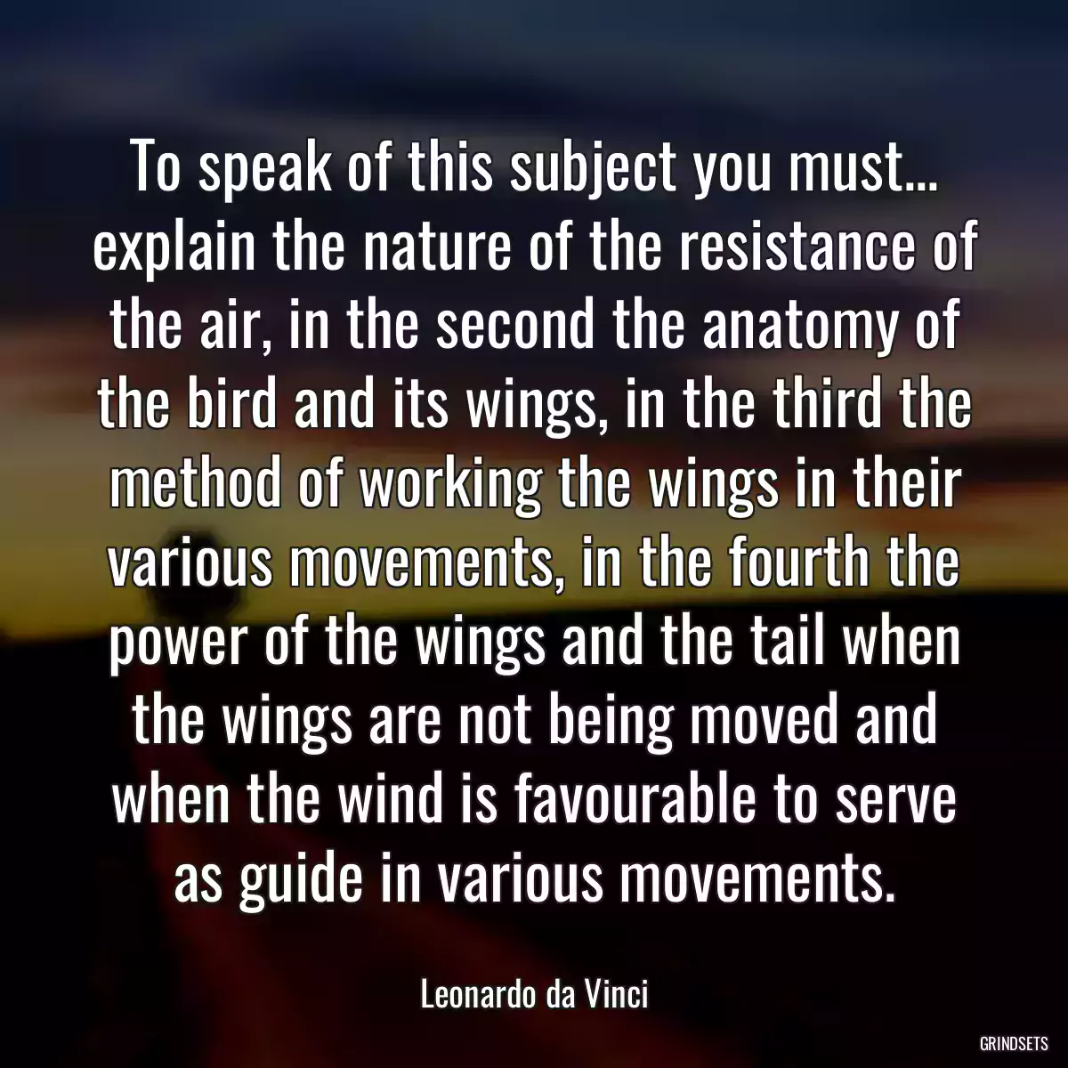 To speak of this subject you must... explain the nature of the resistance of the air, in the second the anatomy of the bird and its wings, in the third the method of working the wings in their various movements, in the fourth the power of the wings and the tail when the wings are not being moved and when the wind is favourable to serve as guide in various movements.