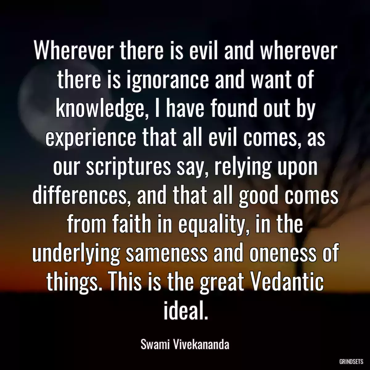 Wherever there is evil and wherever there is ignorance and want of knowledge, I have found out by experience that all evil comes, as our scriptures say, relying upon differences, and that all good comes from faith in equality, in the underlying sameness and oneness of things. This is the great Vedantic ideal.